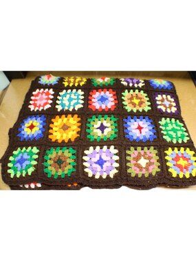 Handmade Crochet Granny Square Blanket Multicolor Patterns Brown Borders 56x76"